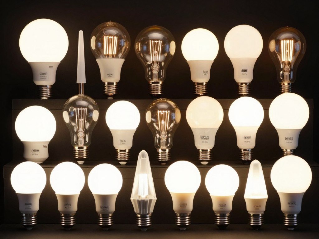 Various bulb types for vanity lighting including LED, incandescent and halogen options
