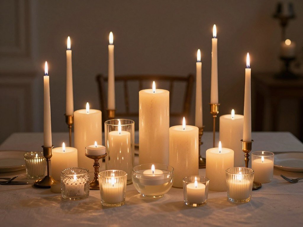 Various candle types arranged as part of a dining table centerpiece
