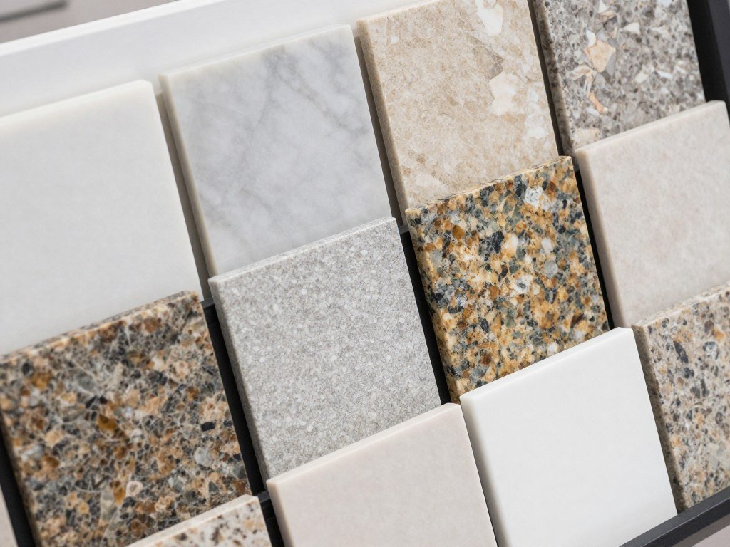 Various countertop materials for double vanities including marble, quartz, and granite