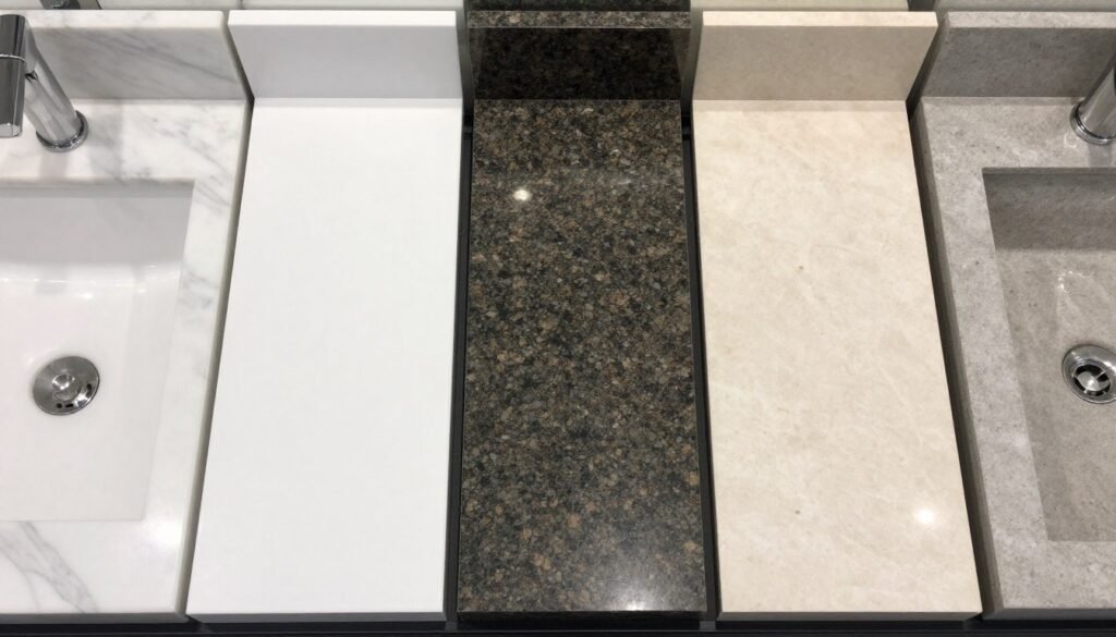 Various countertop materials for master bath vanities displayed together