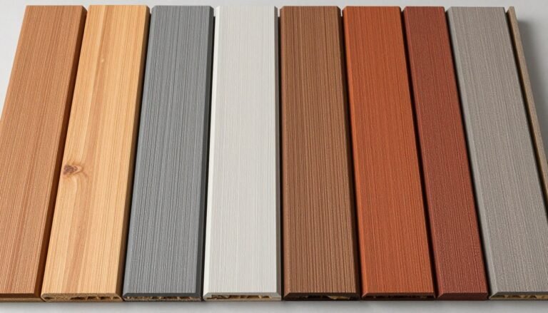 Various deck material samples including wood, composite, and PVC decking for backyard deck ideas