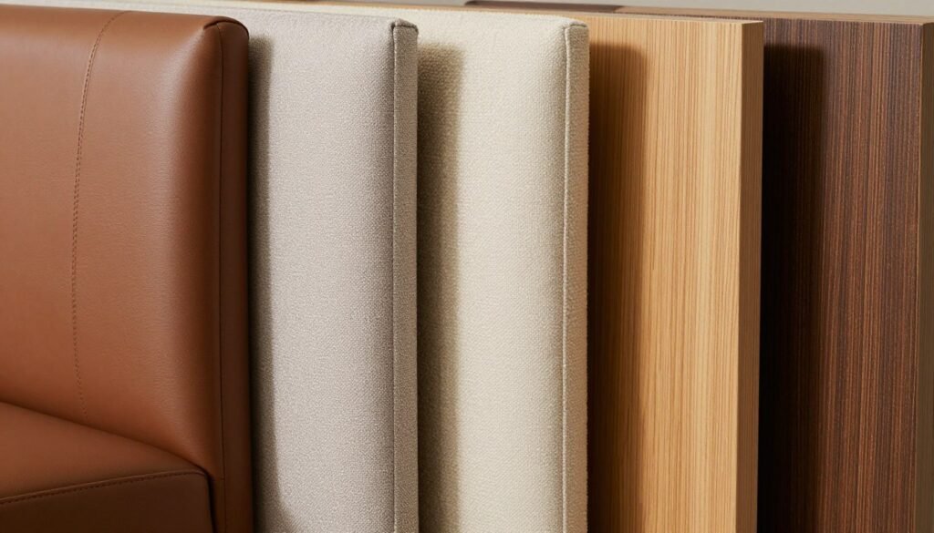 Various dining banquette bench materials including leather, wood, and fabric