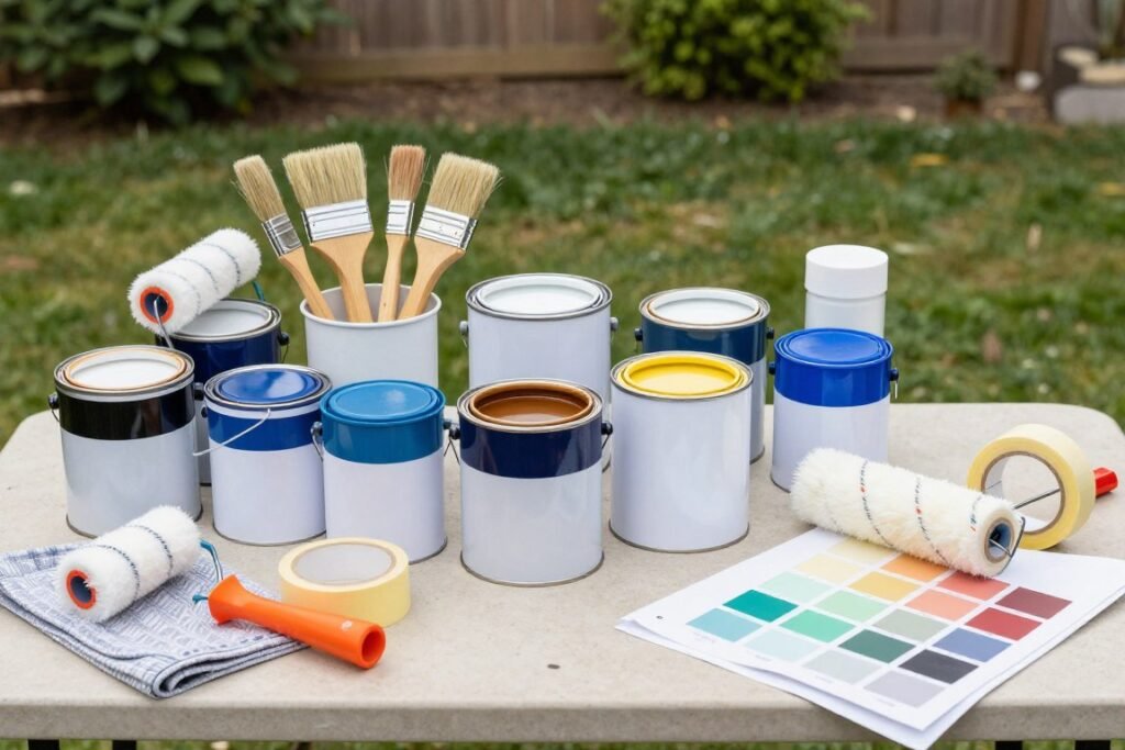 Various exterior-grade paints and supplies arranged for a backyard mural project, showing the materials needed for implementing backyard mural ideas