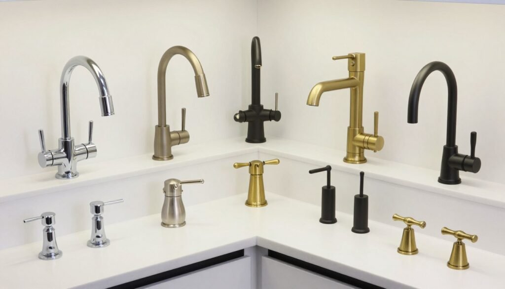 Various faucet styles and hardware options for corner vanities