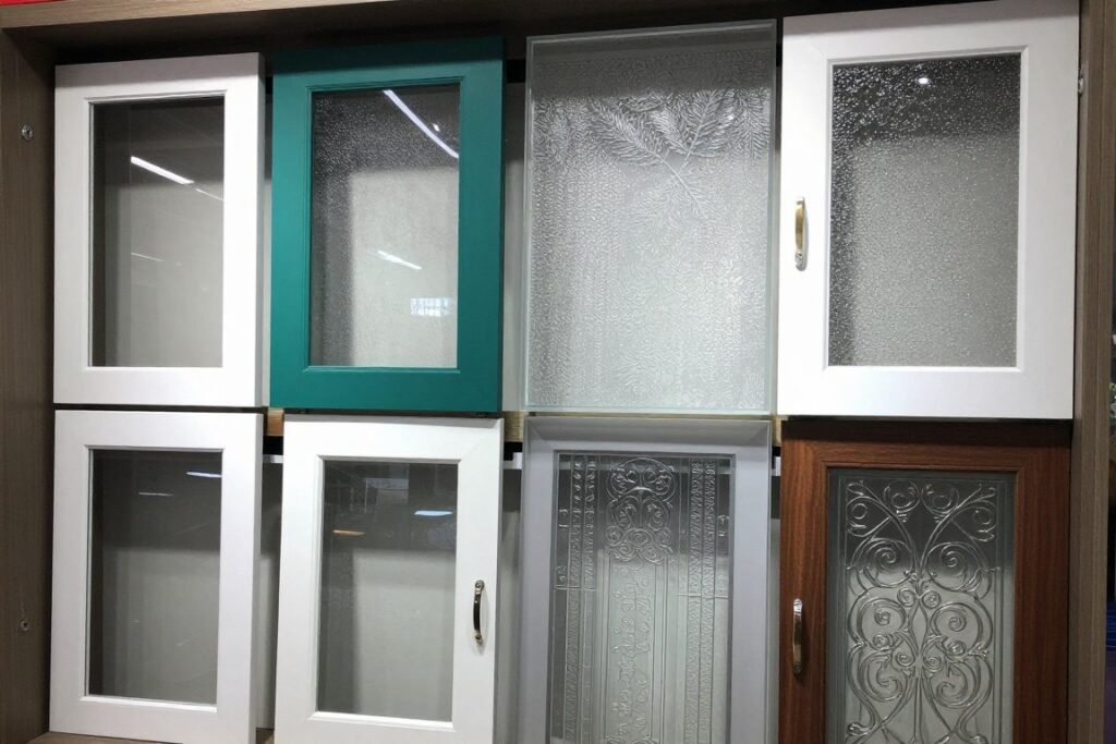 Various glass options for built-in hutch dining room cabinets