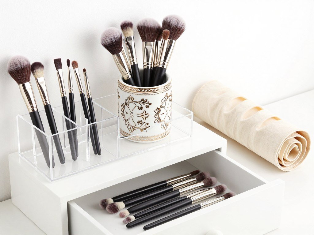Various makeup brush organization solutions including holders, cups, and roll-up cases