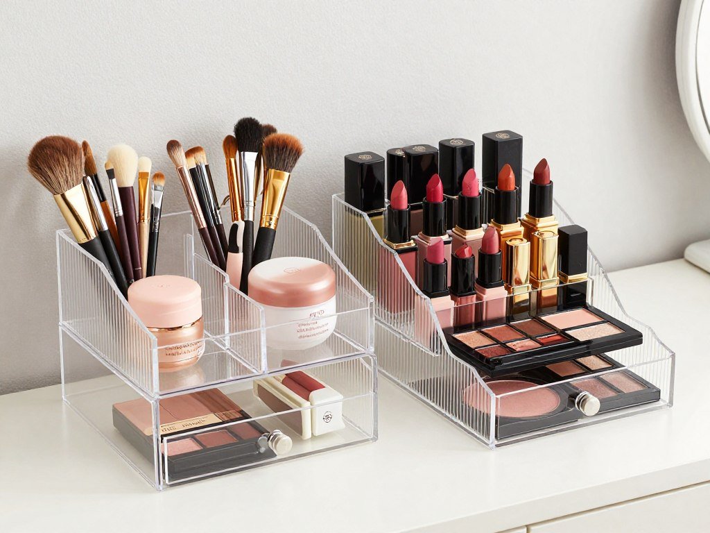 Various makeup organizers including acrylic drawer systems, brush holders, and specialized palette storage on a vanity desk