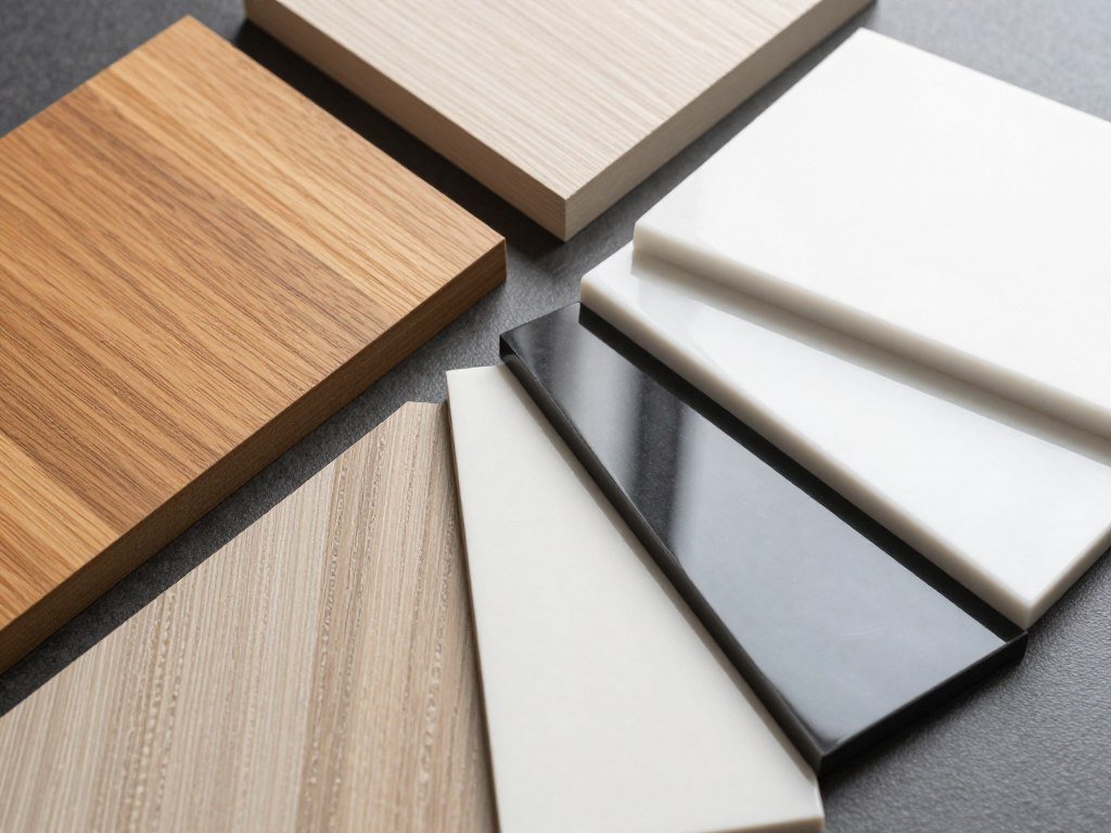 Various material samples for floating vanity bathrooms including wood, laminate and solid surface