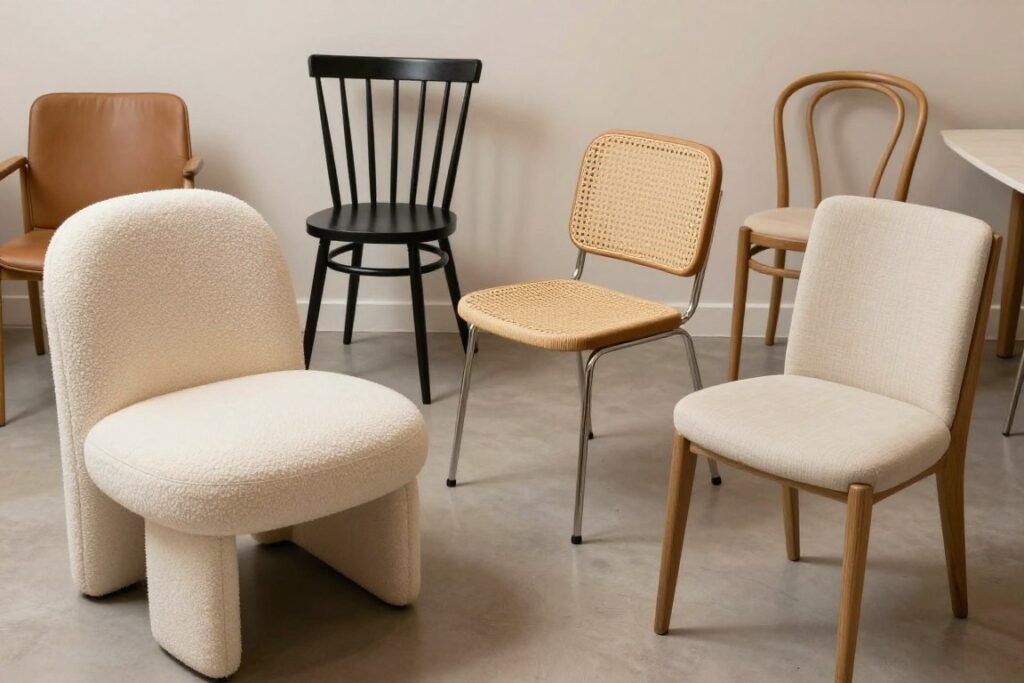Various organic modern dining chair styles showing different materials and shapes
