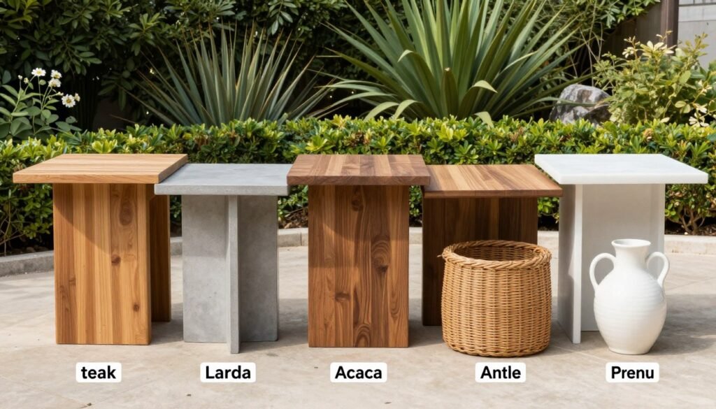 Various outdoor dining table materials displayed in a garden setting