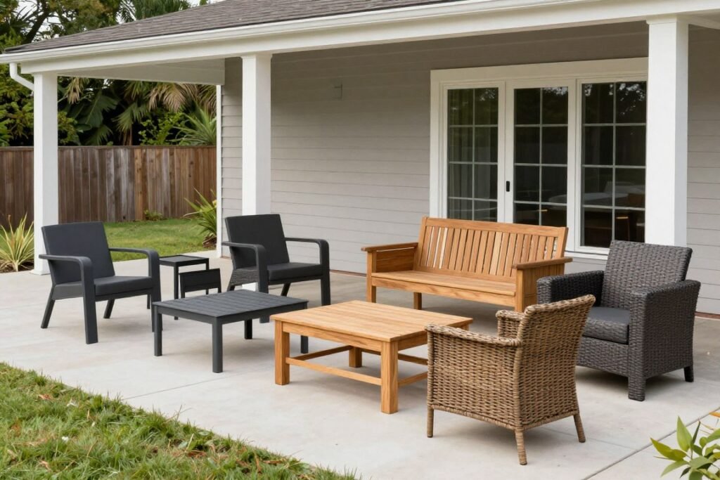 Various outdoor furniture materials on covered patio