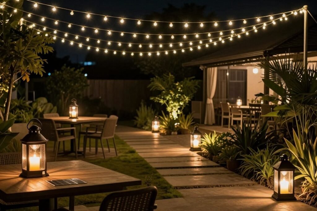 Various outdoor lighting options including string lights, lanterns, and pathway lights