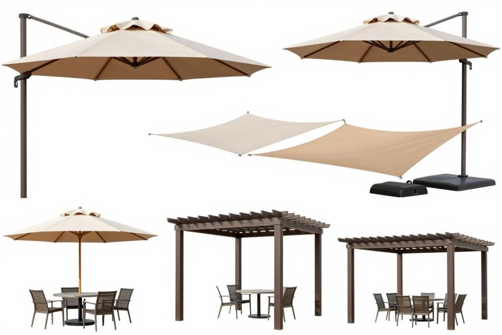 Various outdoor shade options including umbrellas, pergolas, and shade sails