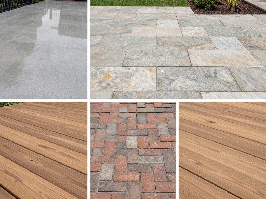 Various patio flooring options including concrete, pavers, and natural stone Various patio flooring options including concrete, pavers, and natural stone