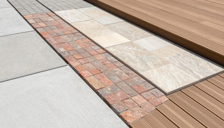 Various patio material samples including concrete, natural stone, and pavers for backyard patio ideas