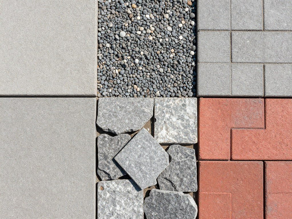 Various patio material samples including pavers, gravel, and flagstone arranged together