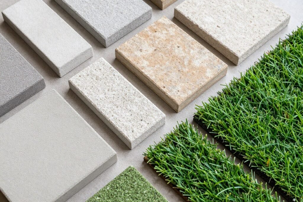 Various paver styles and artificial turf samples displayed together