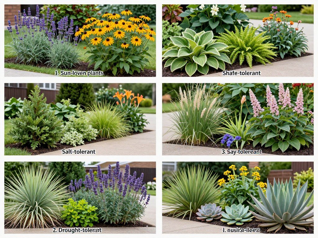 Various plants suitable for side of driveway landscaping in different conditions