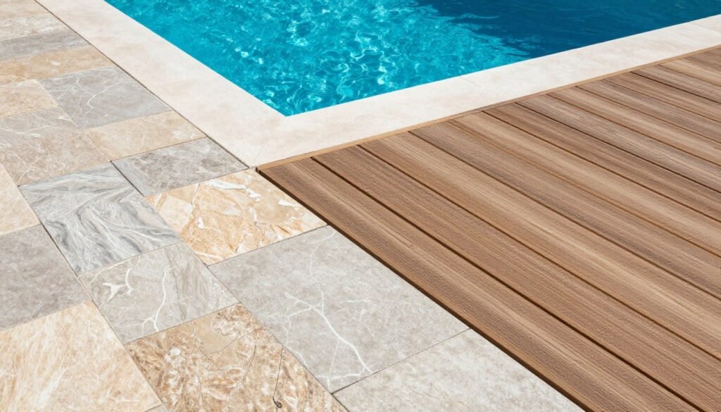 Various pool decking materials including natural stone, concrete pavers, and wood showing different textures and patterns