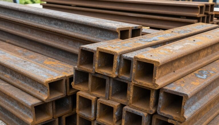 Various railroad ties stacked and ready for landscaping projects, showing their rustic texture and sturdy construction