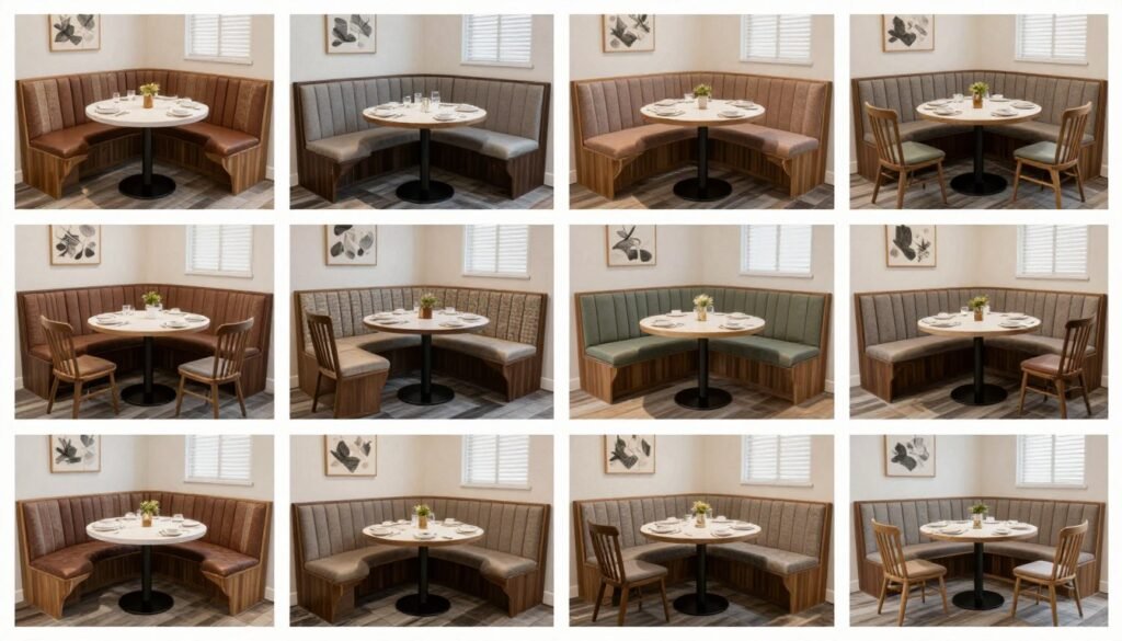 Various seating options for corner dining nooks including built-in banquettes and freestanding benches