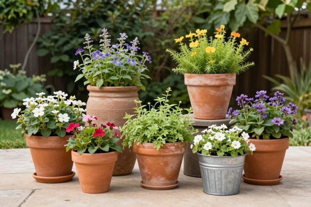 Various sized planters with colorful flowers and greenery arranged on a simple backyard patio