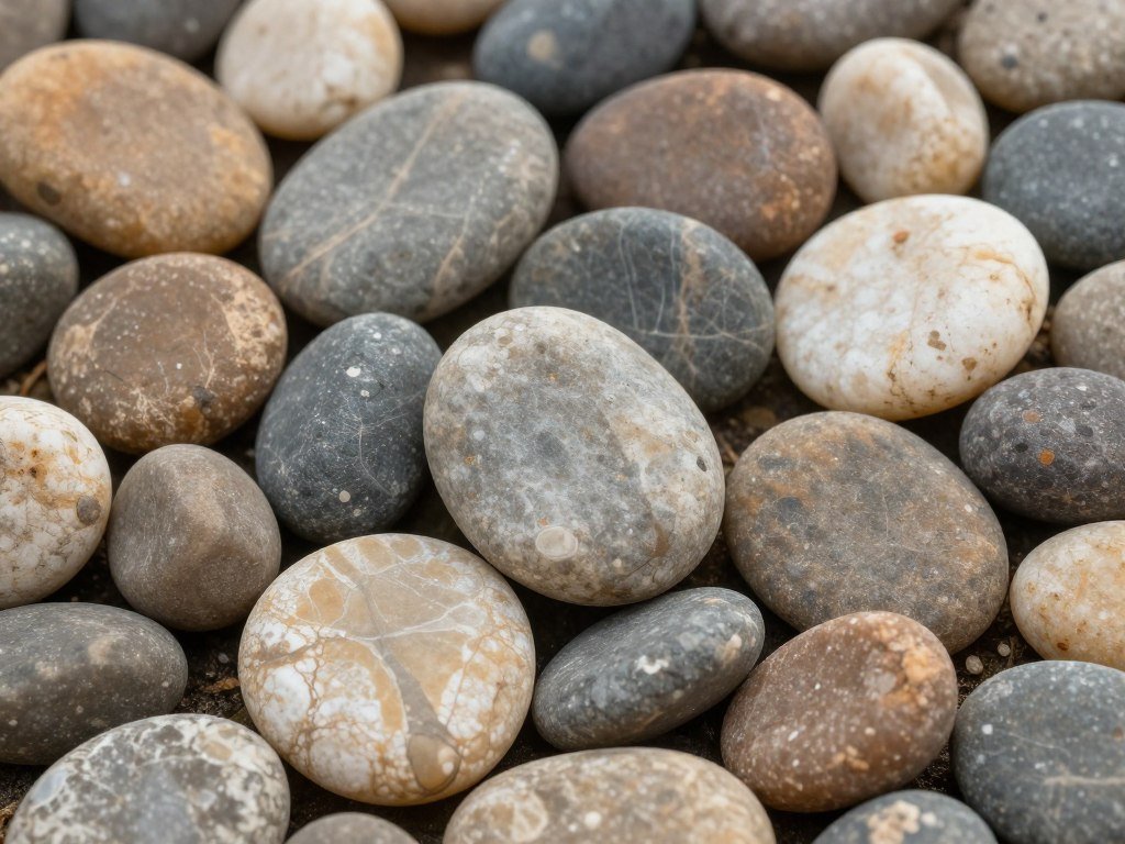 Various sizes of river rocks in different natural colors arranged in a garden setting