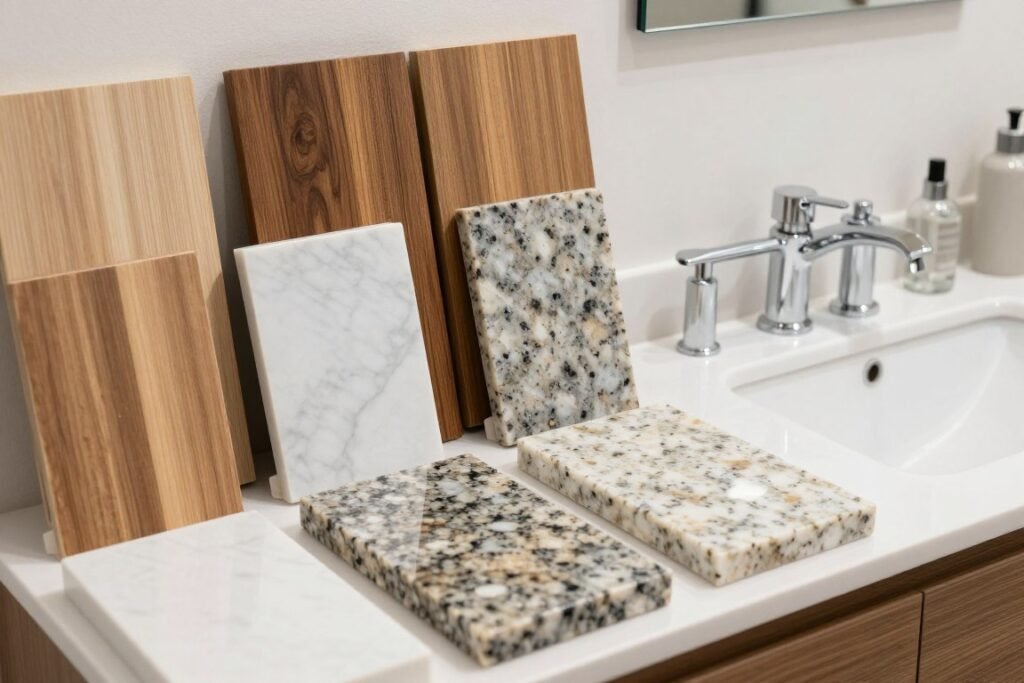 Various small bathroom vanity material samples including wood, stone, and hardware