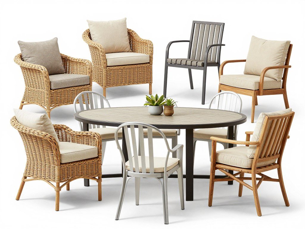 Various styles of comfortable outdoor dining chairs with cushions around a table
