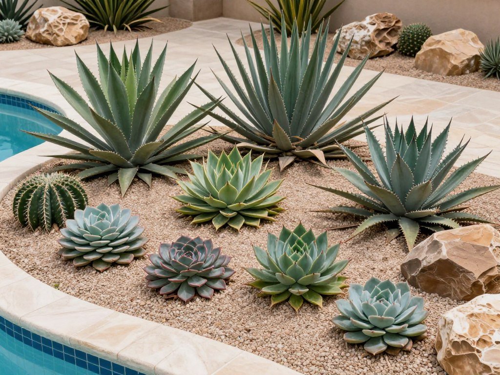 Various succulents and desert plants arranged around a pool creating a striking, low-maintenance landscape