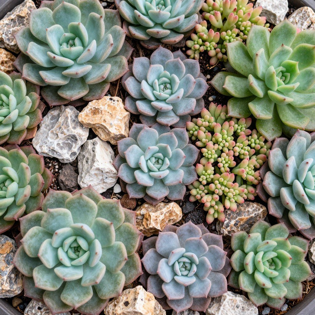 Various succulents with different colors and textures growing among rocks