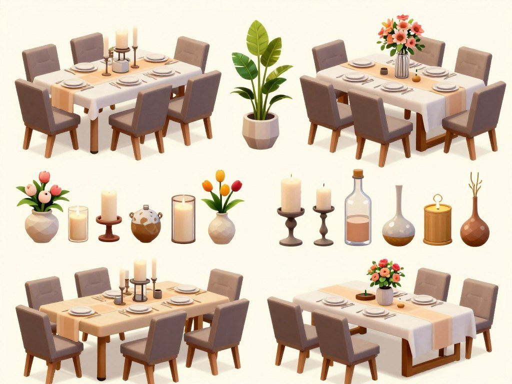 Various table styling and centerpiece ideas for Bloxburg dining rooms