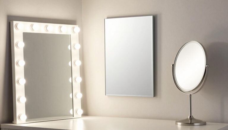 Various types of vanity mirrors including Hollywood-style with bulbs, wall-mounted, and tabletop vanity mirrors