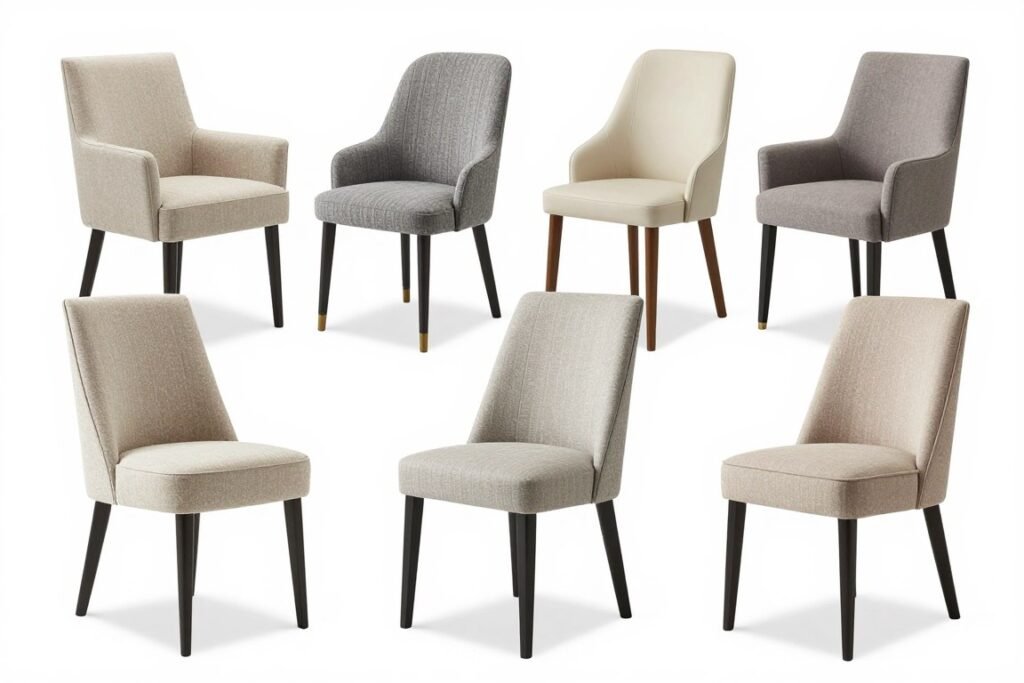 Various upholstered dining chair shapes including armchairs and side chairs