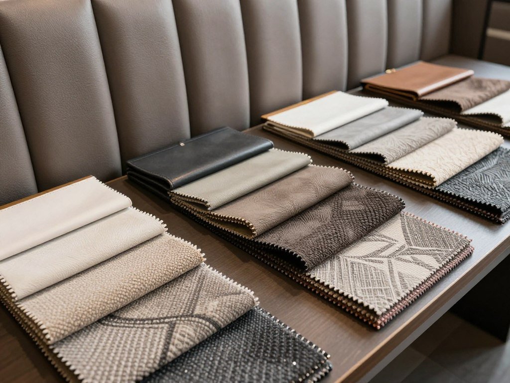 Various upholstery fabric samples for dining booths