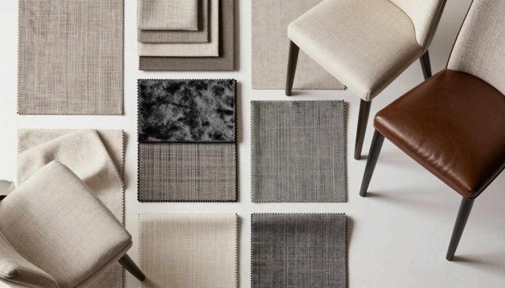 Various upholstery fabric swatches for upholstered dining chairs