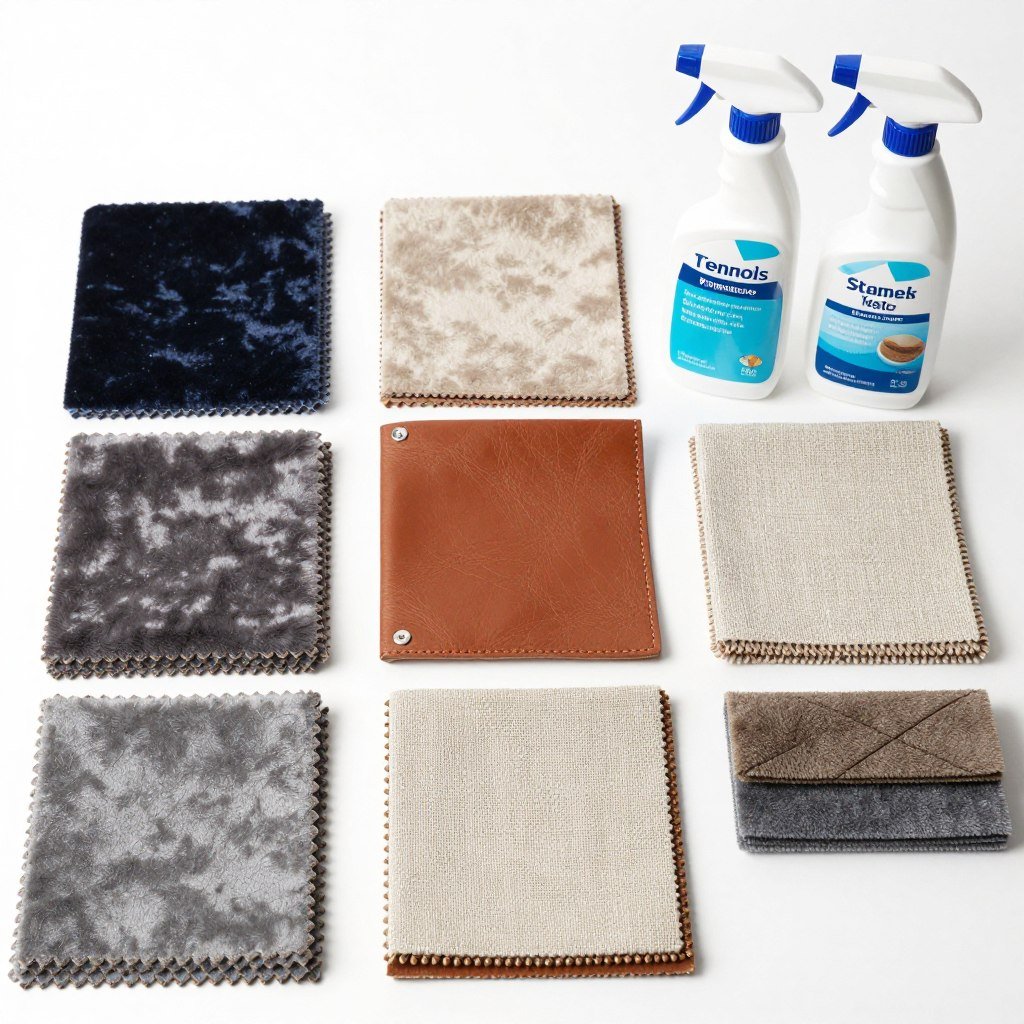 Various vanity chair upholstery materials and cleaning supplies