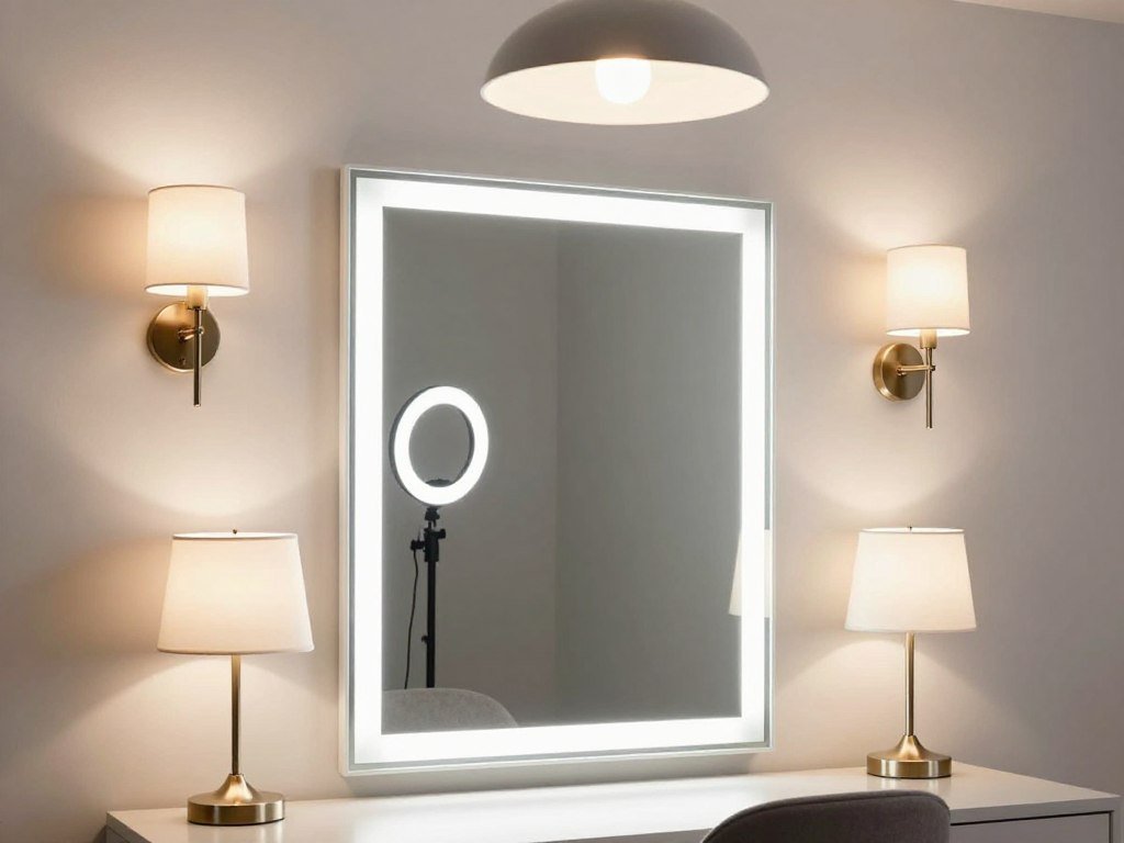 Various vanity lighting options including ring lights, wall sconces, and table lamps