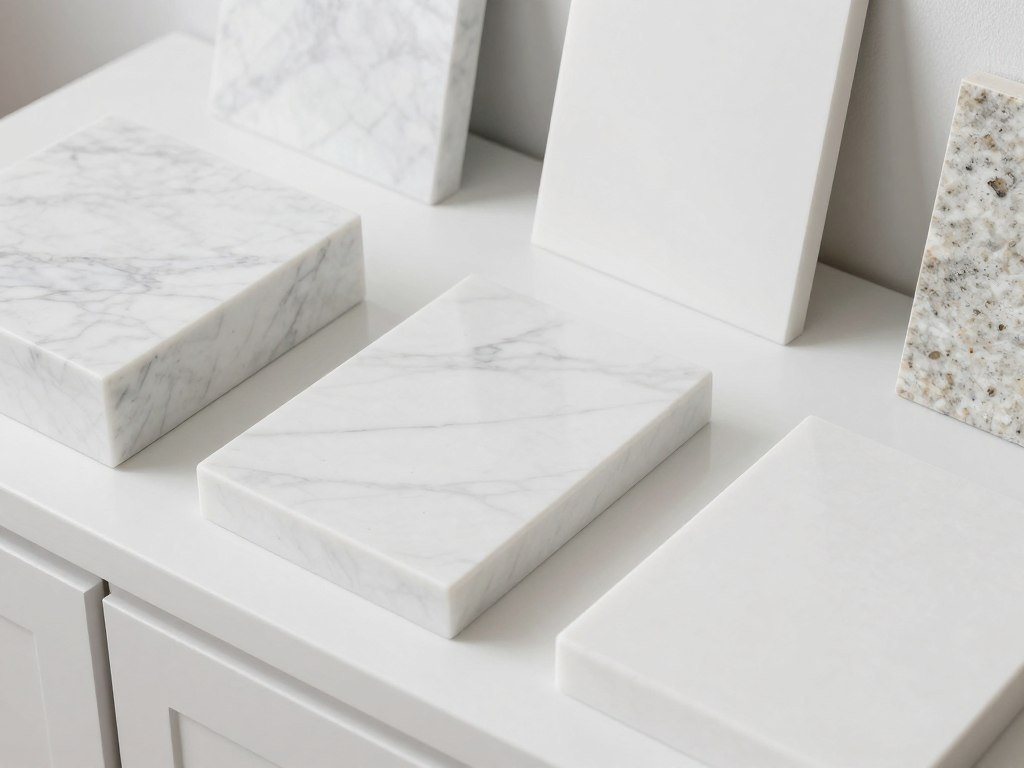 Various white countertop materials displayed on white vanity samples