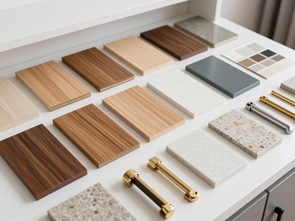 Various wood samples, paint swatches, and hardware options for built in buffet dining room