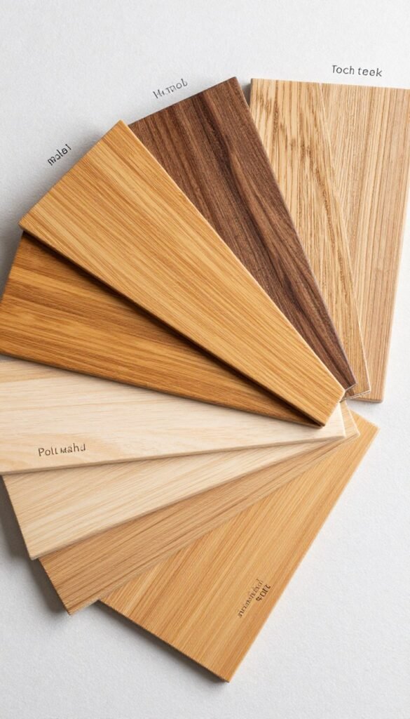 Various wood samples showing different types used for bathroom vanities including oak, walnut, teak, and maple