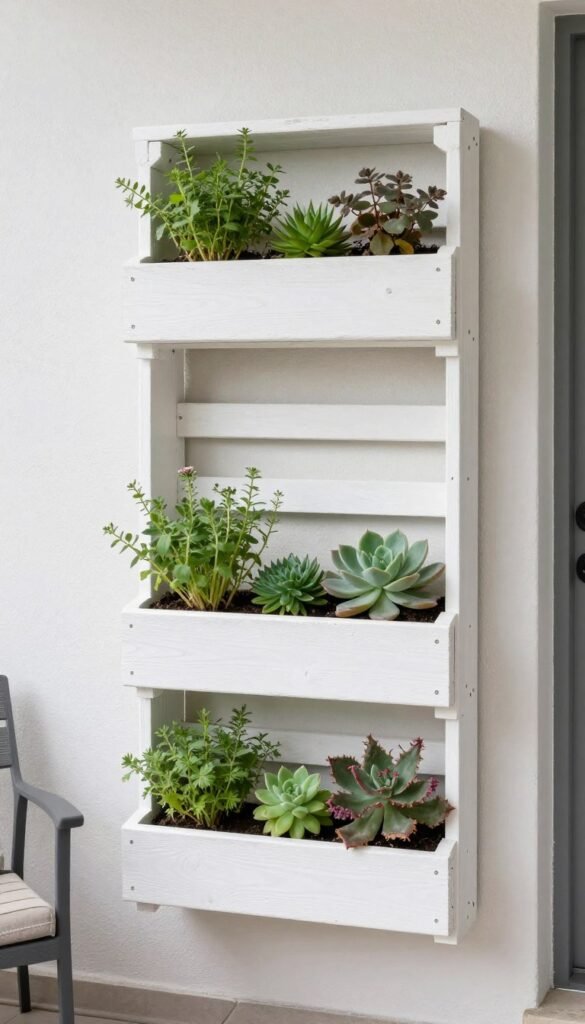 Vertical garden made from a wooden pallet mounted on a small patio wall, filled with herbs and flowering plants