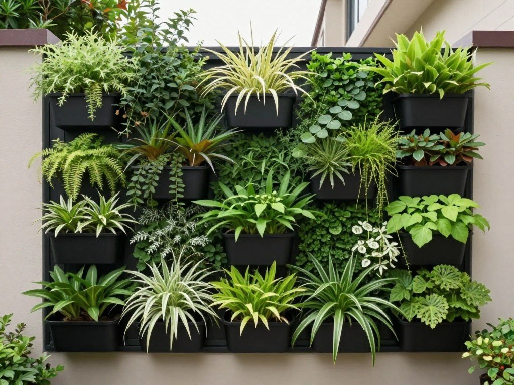 Vertical garden on a backyard wall with lush plants growing in wall-mounted planters