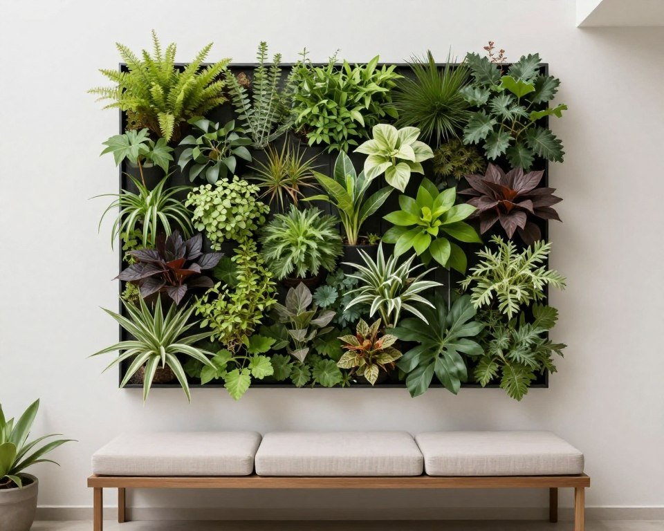 Vertical garden on a small patio wall with seating below