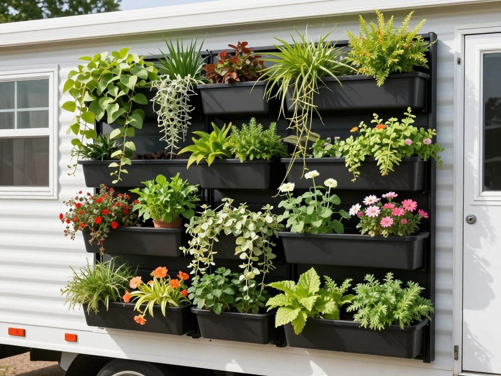 Vertical garden wall attached to a mobile home with a variety of plants in tiered planters, maximizing limited space