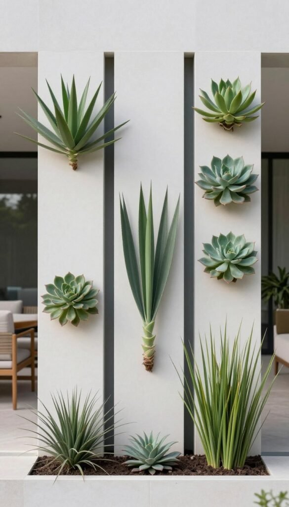 Vertical garden wall in a modern minimalist backyard with architectural plants