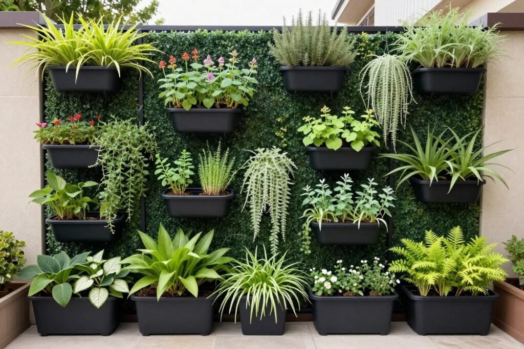 Vertical garden wall with hanging planters on a small patio