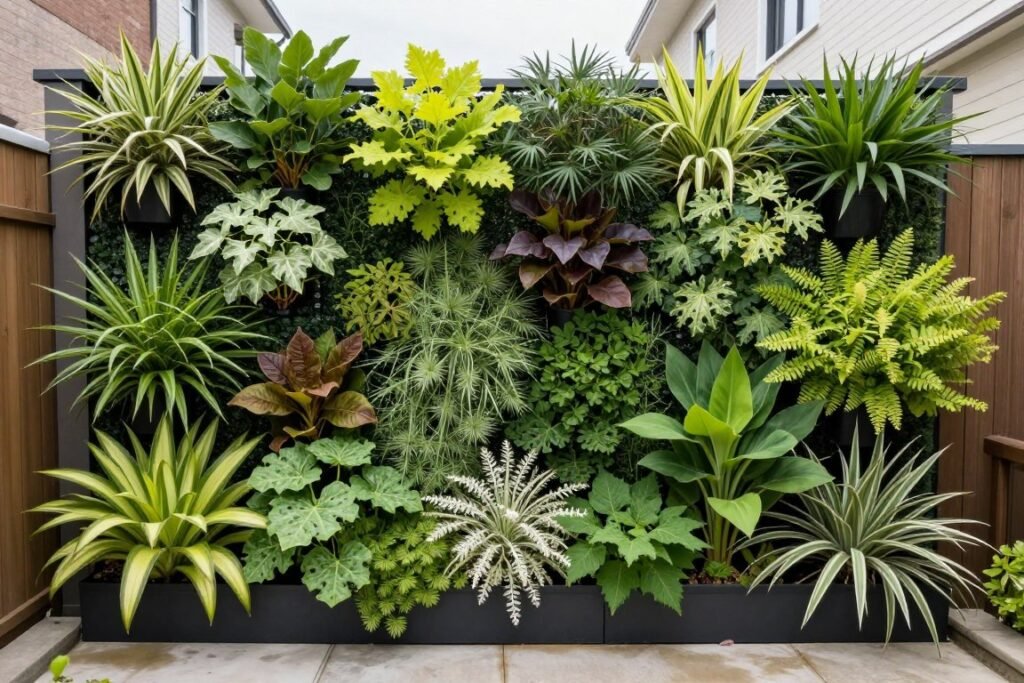 Vertical garden wall with variety of plants in a small urban backyard space