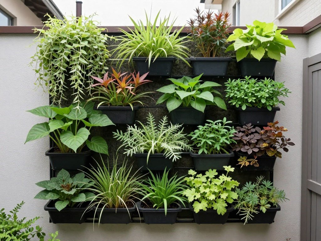 Vertical garden wall with various plants growing in a small urban backyard