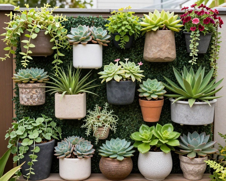 Vertical garden wall with various plants in creative containers Vertical garden wall with various plants in creative containers